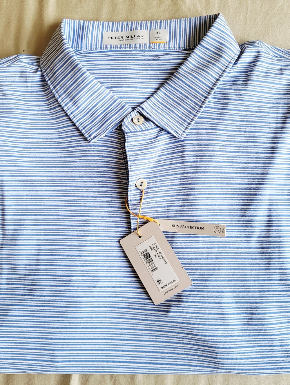 NWT Peter Millar Crown Sport Featherweight Polo Shirt XL Blue Stripe Sun Protect